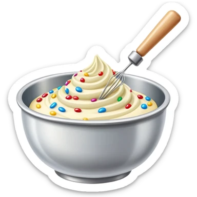 bowl of sprinkle cake batter being swirled out the bowl by a whisk sticker