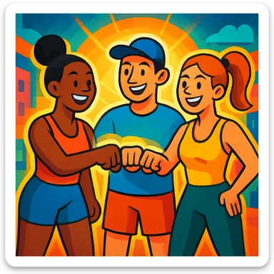 Sporty trio, smiling and fist bumping, glowing aura, urban cartoon illustration, vibrant colors, fitness and teamwork atmosphere. sticker