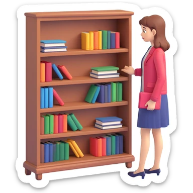 a sad woman looking at a small bookcase sticker
