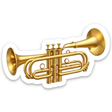 Cinematic Realistic Trumpet, polished brass with warm golden reflections, intricate valve details subtly highlighted, soft hands pressing the keys, glowing with bold and triumphant musical energy. sticker