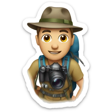 A photographer on top of a mountain, wearing a hat and a trekking bag sticker