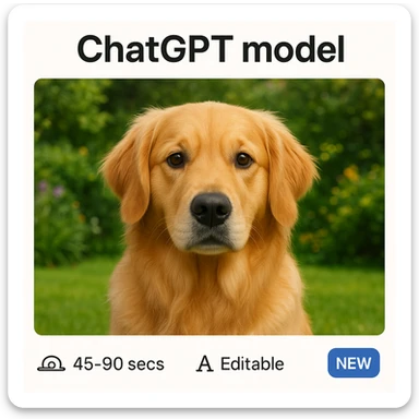 Move the 'ChatGPT model' title to the top and the other tags ('Speed icon: slow 45-90 secs', 'Editable', 'Text generation', 'New') to the bottom. Use a golden retriever in a garden as the image background, seamless website style. sticker
