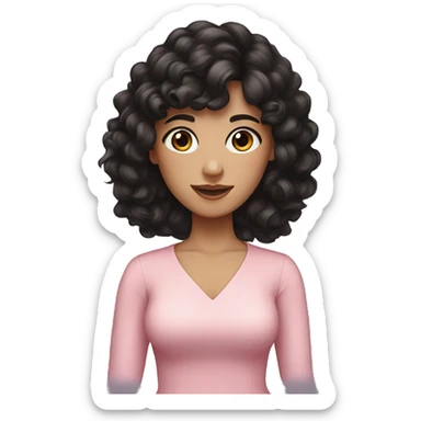 White woman with long black curly hair and bangs and dark brown eyes, wearing a pastel pink dress sticker