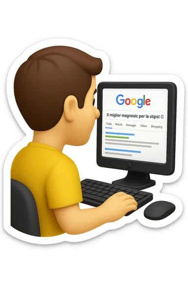 emoji stile iphone di un uomo davanti al pc che cerca di google: "Il miglior magnesio per la stipsi", iperrealistico 4k sticker