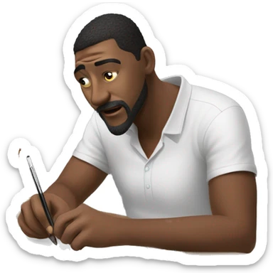 👨‍🎨📱✍️ A creative man is focused, drawing on an iPad with a stylus. , using the iPad placed on a table. with art tools like brushes and pencils around him. 🎨 sticker