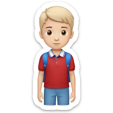 Young boy with casual and comfortable clothing, and one of his most well-known images shows him wearing a red polo shirt with blue and white details on the collar, along with a light-colored backpack on his shoulders. sticker