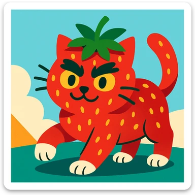a cat with strawberry-like skin, prominent bushy eyebrows, and white toes, vibrant colorful style sticker