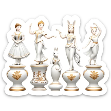 Icon for Porcelain Figurine Collecting: a collection of delicate porcelain figurines, such as animals, dancers, and historical characters, displayed on a shelf or in a display case. The icon should convey the elegance and artistry of collecting porcelain statues. Transparent background. sticker