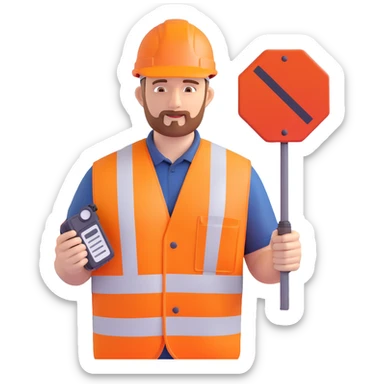 Network Rail worker emoji inspired by Keith Morey: orange vest, hard hat, holding a walkie-talkie, with a railway sign nearby sticker