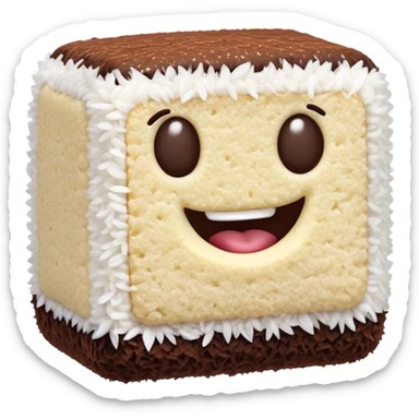 Cinematic Realistic Lamingtons Dessert Emoji, depicted as soft sponge squares coated in chocolate and coconut rendered with mouth‚Äêwatering detail and vibrant lighting. sticker