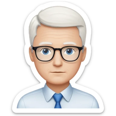 Thin white man, very short white hair, black thin square glasses, white shirt, blue eyes, ceo - no tie sticker