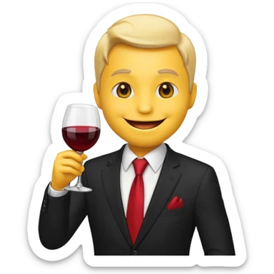 Yellow emoji with black suit and red tie, drinking wine, freaky smiling face, handsome sticker
