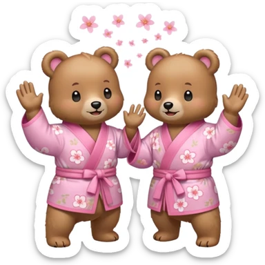 Two cute light-brown bears wearing pastel pink sakura-patterned kimonos, normal balanced body ratio.  
Facing each other and giving a joyful high-five with happy smiling faces and small spark effects.  
Kawaii emoji style, minimalistic clean sticker illustration, white background. sticker