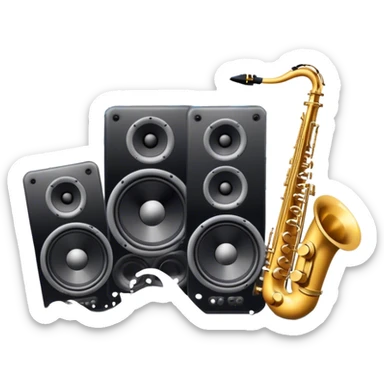 Icon for R&B Music Listening: large concert speakers and headphones with waves of musical notes coming out, along with drums, bass guitar and saxophone. The icon should convey the energetic and rhythmic vibe of R&B music. Transparent background sticker