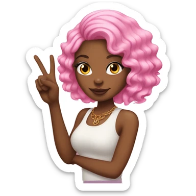 Pink haired African American woman  putting up peace sign with pink nails sticker