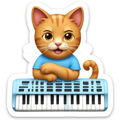 tan-red cat wearing a light-blue t-shirt taps musical keyboard sticker