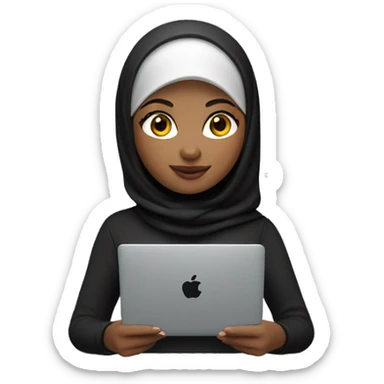 memoji of a female with a laptop in front, apple-style, modern, hijabi women, black sweater, computer in hand   --ar 1:1 sticker