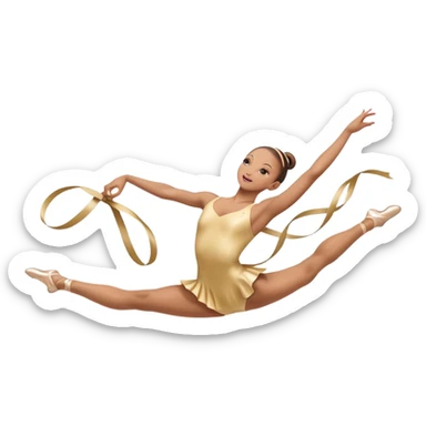 A graceful rhythmic gymnast performing with a flowing ribbon, executing an elegant leap mid-air. The pose exudes flexibility, balance, and artistry. The background suggests a competition arena with soft lighting, emphasizing movement, precision, and the beauty of the sport. sticker