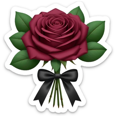 Maroon rose bouquet wrapped in white paper and black bow sticker