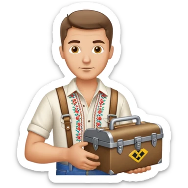 Ukrainian man in traditional embroidered shirt holding a toolbox sticker