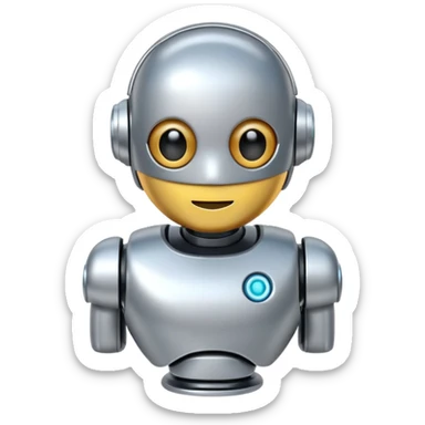 A cute futuristic robot emoji made of silver chrome, rounded friendly body, minimal facial features, glossy metallic surface, soft reflections, iOS emoji style, centered, clean white background sticker