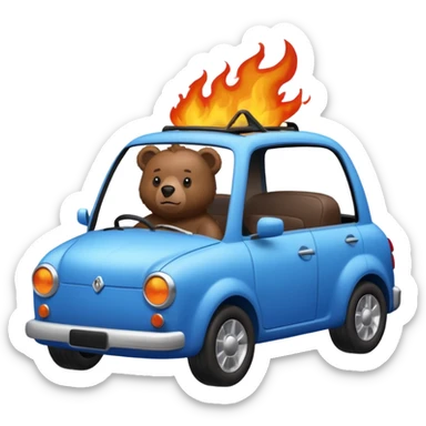brown bear sitting inside a blue car that is on fire sticker