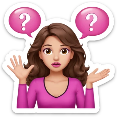 girl with long wavy brown hair, brown eyes, long lashes makeup, sexy pink lips, light to medium complexion, pink sexy top, two hands up, shrugging, confused question mark bubble sign sticker