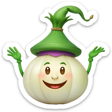 A cheerful, mischievous onion character with a big smile, wearing a green hat and a playful expression, set against a simple, colorful background. sticker