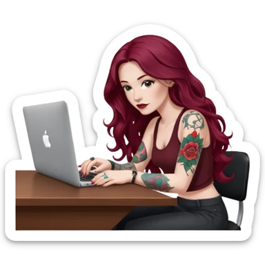 Realistic Macbook pro, side view of female, long burgundy wavy hair, pale skin, with tattoos, graphic designer, sitting at work desk with MacBook open, still view, sticker
