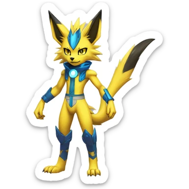 Yellow Anthro Edgy Cool Sonic-Zeraora-Anubis-Renamon-Jolteon-Pokémon-Fakémon with shiny blue markings Full Body Detailed High Quality  sticker