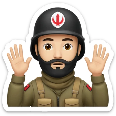 surrenders, depicts an Iraqi soldier from 1980, with a beard, in a helmet, with a balaclava, with a sad face and raised hands sticker