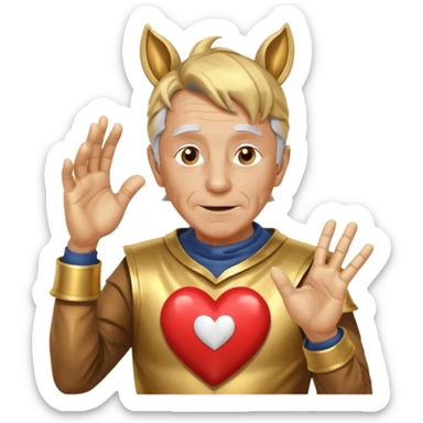 An elderly man with golden skin, his body shining like polished metal, wearing a horse cosplay costume with horse ears and a tail. He is making a heart shape with his hands and blushing slightly, showing a shy and embarrassed expression. sticker