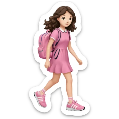 aestethic brunette very long wavy hair walking with a school backpack, with a cute pink dress, adidas shoes sticker