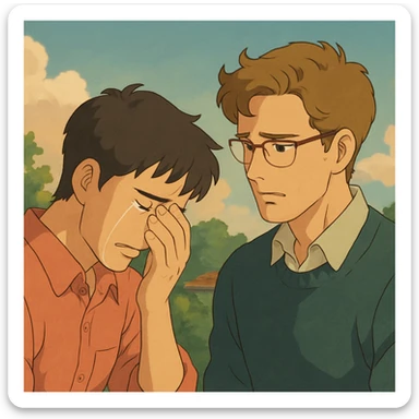 two men, gay couple, breaking up, emotional scene, in ghibli style sticker