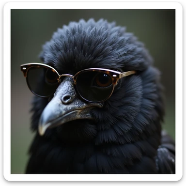 photorealistic black bird head with sunglasses, glossy feathers, lifelike details sticker