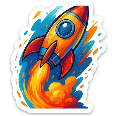 colorful rocket ship blasting off, vibrant and dynamic, general style sticker