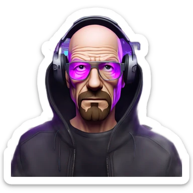 Walter White wearing a black hoodie with "OMG" letters on it and VR headset in a cyberpunk VR environment with violet neon lighting. sticker