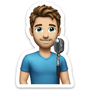 a handsome guy with brown hair and blue eyes with a microphone in his hand sticker
