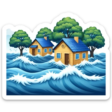 showing a flood disaster scene with powerful blue water waves overflowing around small houses and trees, dark cloudy sky, heavy rain falling, dramatic yet simple design sticker