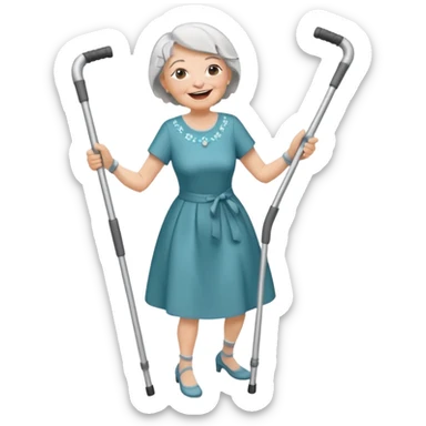 elderly woman with pants, short grey hair, laughing and dancing th crutches sticker