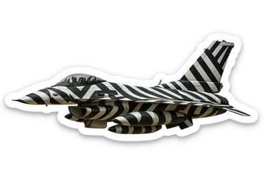 Add a bold, high-contrast razzle dazzle camouflage pattern to the F-16 jet fighter while keeping the realistic style and metallic details. No background, transparent or none. sticker