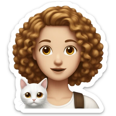 White girl with curly brown  hair and white cat  sticker