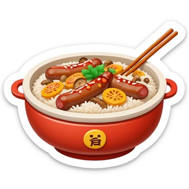 Guangdong clay pot rice with toppings and sauce, simplified emoji style with bold outlines and bright colors, cartoon style Cantonese Bo Zai Fan sticker