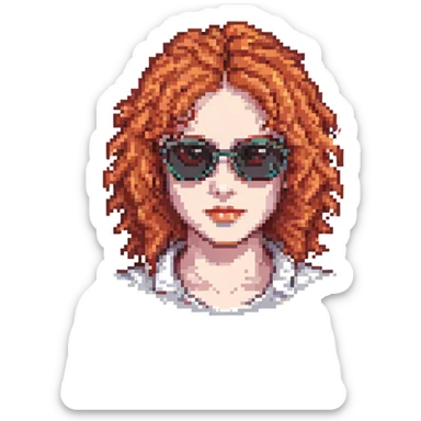 pixel art face with curly red hair and black sunglasses sticker