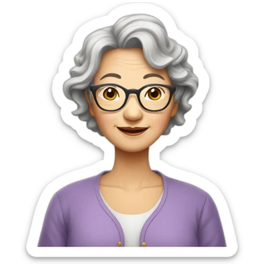 Chinese senior lady wear glasses has wavy long hair show love sign sticker