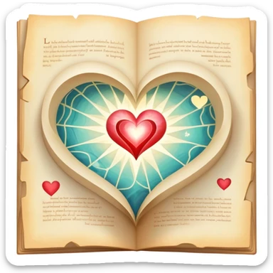 Magical glowing folded map with luminous heart pathways and ethereal light rays, symbolizing magical exploration of love patterns sticker