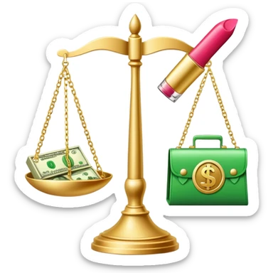 gold scale with green dollar bills on left side and lipstick and nail polish on right side sticker
