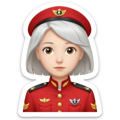 a girl with white loose hair, gray eyes maintains a calm expression on her face in a red captain's uniform to the waist sticker