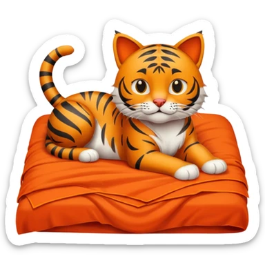 Un chat sur un lit fait qui est rouge et orange  sticker