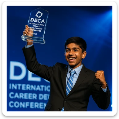 An Indian 14-year-old boy on stage at the DECA International Career Development Conference, raising the official DECA glass trophy above his head in triumph. The trophy is highly detailed and accurate, with DECA branding and blue lighting on stage. sticker